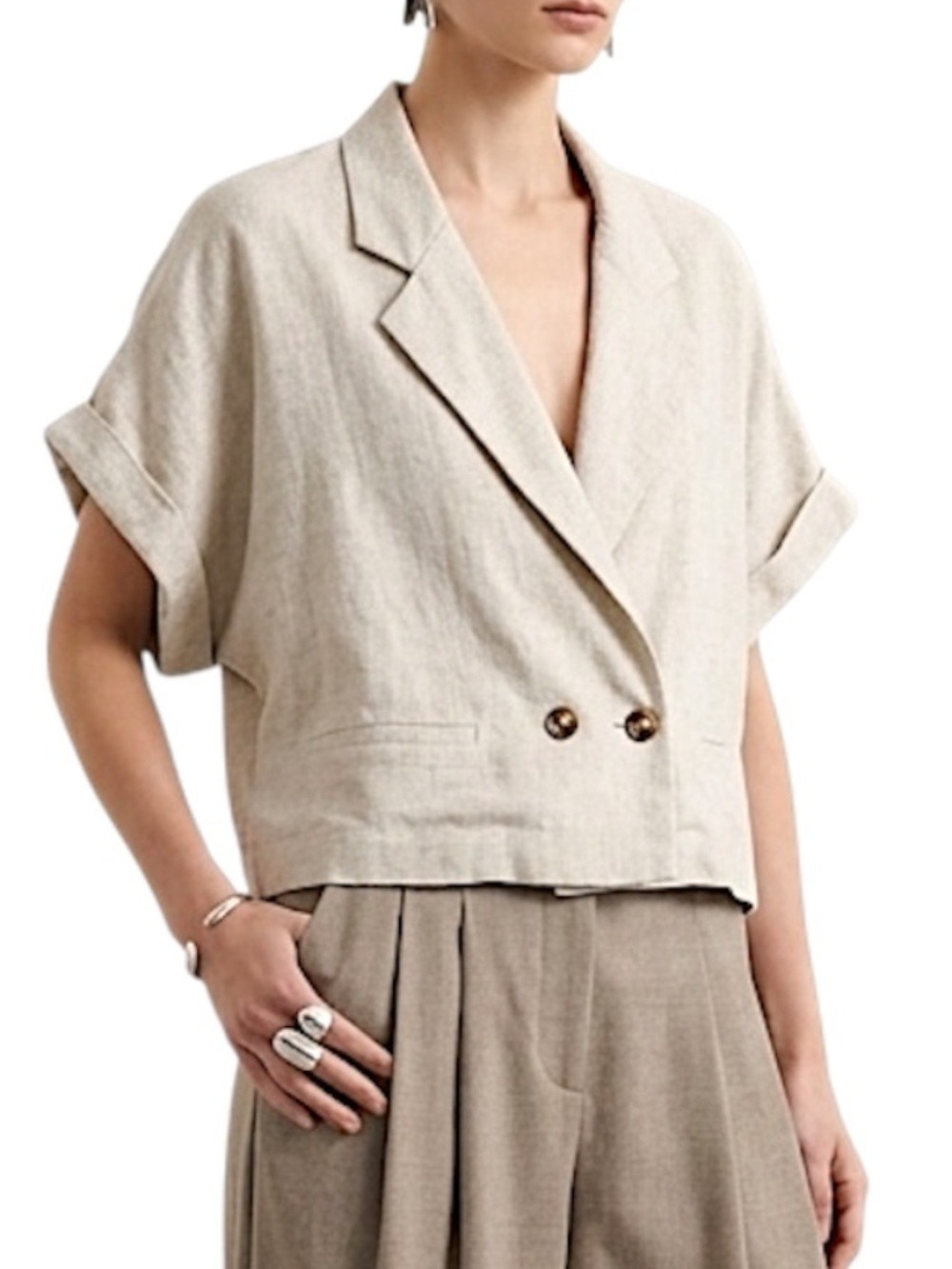 Womance Quebec linen blend beige boxy cropped short sleeve old money jacket 2X